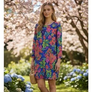 J. Crew 100% Silk Shift Dress 3/4 Floral Blue Pink Pockets Spring Garden Party 6